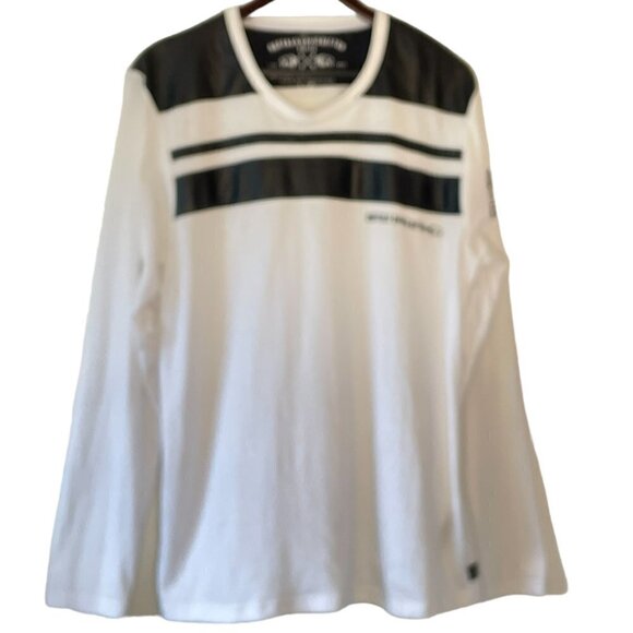 Buffalo David Bitton Men's Long Sleeve Tee White with Black Faux Leather Stripes - Picture 1 of 11